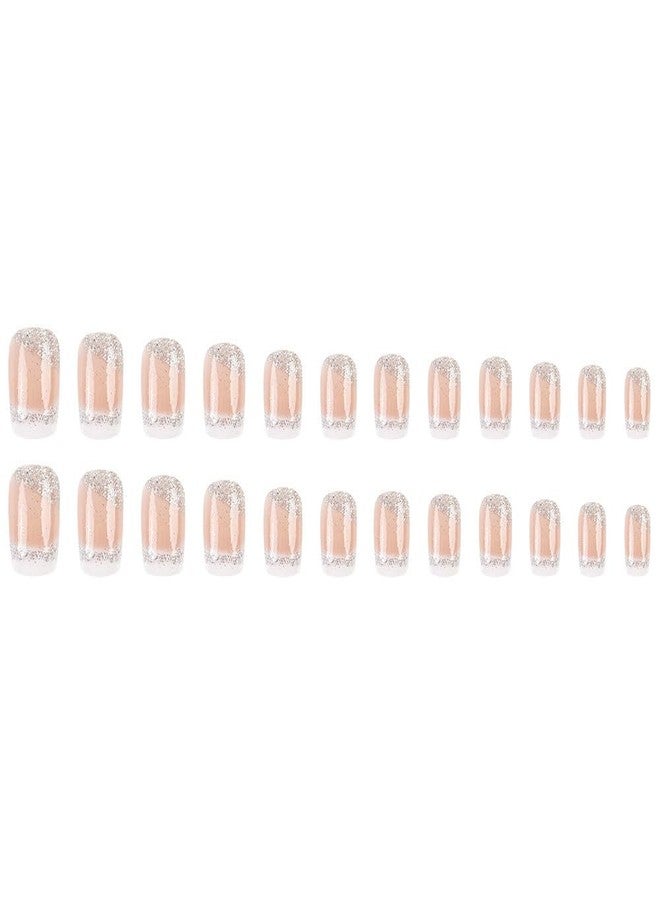 TOGZOM Square Press on Nails Medium French Tips Fake Nails Silver Glitter Acrylic Nails Press ons White Ombre Glue on Nail Shiny Stick on Nail Nude False Nails for Women Girls Nails Decoration 24Pcs - Image 5